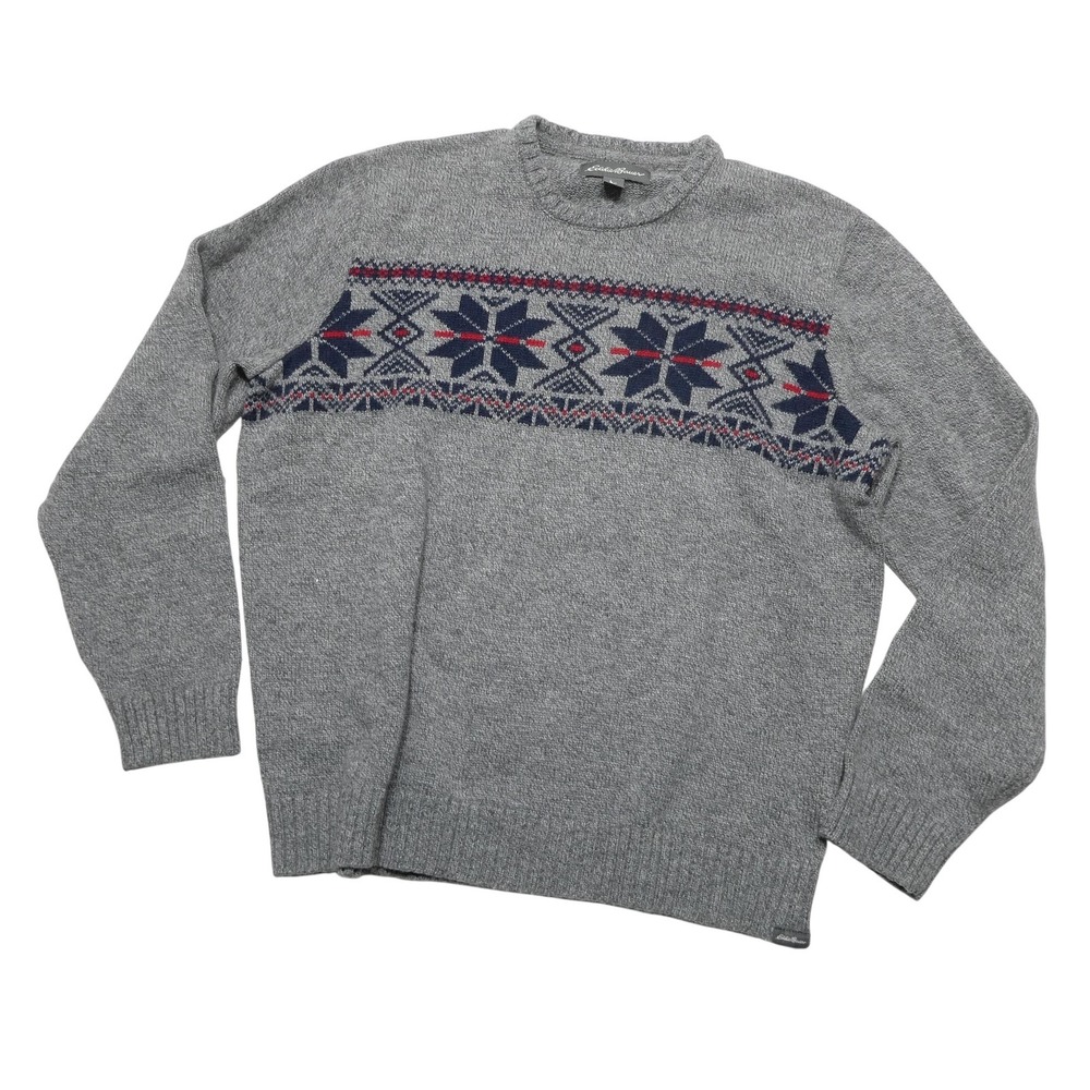 Eddie Bauer Sweater Mens XL Gray Acrylic Nylon Wool Fair Isle Crewneck Knit